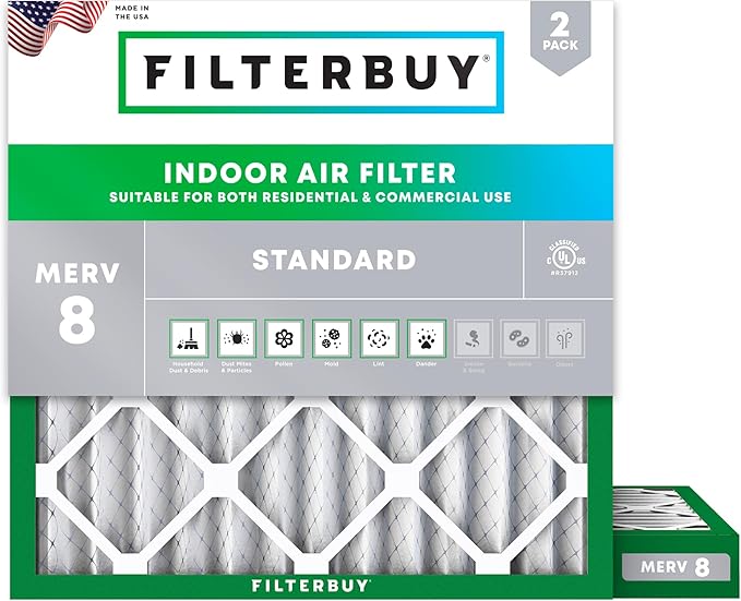 Filterbuy 13.25x13.25x2 Air Filter MERV 8 Essential Dust & Allergy Defense (2-Pack), Electrostatic Pleated HVAC AC Furnace Filters Replacement, Made in USA (Actual Size: 13.25 x 13.25 x 1.75)