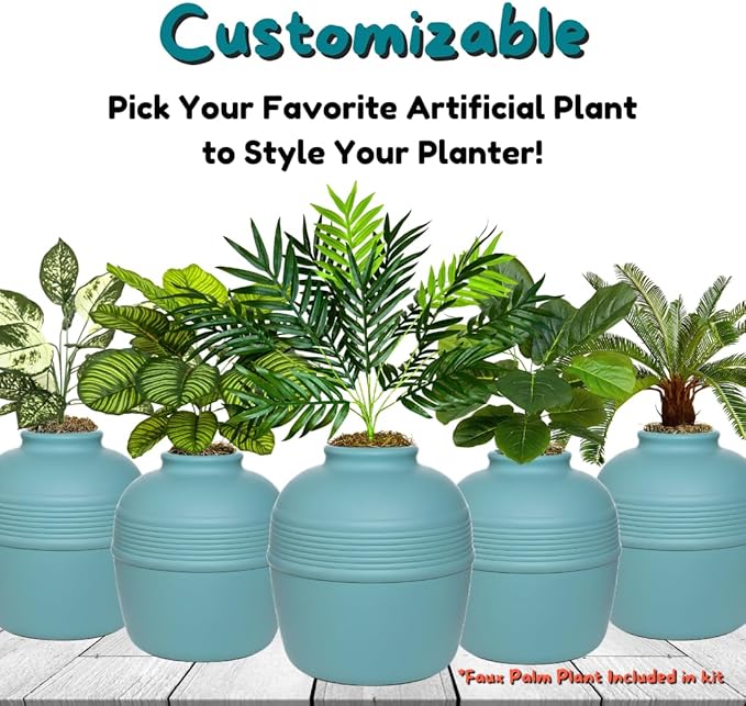 Good Pet Stuff Hidden Litter Box Planter, Decorative Cat Litter Enclosure with Carbon Filter & Faux Plant, Made in USA, Removable Liner, Odor Control, NEW Round Style, Essentials Kit, Coastal Blue