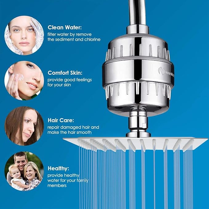 NearMoon Square Shower Head and 15 Stage Shower Filter Combo, High Pressure Filtered Head for Hard Water, Improves the Condition of Your Skin, Hair (Chrome Finish)