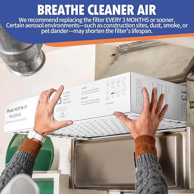 DerBlue 2PACK 16x25x5 MERV 13 Furnace Filter Replacement Compatible with Lennox X6670 HCF16 Pleated HVAC,Foldable Design for Easy Installation & Space-Saving(Actual Size: 15.75 x 24.75 x 4.38in)