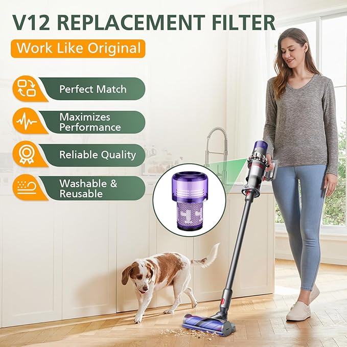V12 Filter Replacements for Dyson V12 Detect Slim, Detect Slim Animal, Slim+ Cordless Vacuum and V12 Slim Absolute Vacuums, SV34, SV35 V12 Vacuum Cleaner Filter Replacement, Part No. 971517-01, 4 Pack