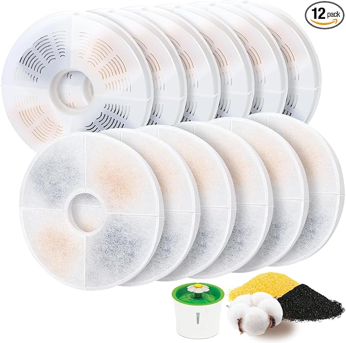 12 Pack Cat Water Fountain Filter Replacement Compatible with Catit, Cat Fountain Filters Compatible with Catit Design Senses Fountain/Flower Fountain/Senses 2.0 / Fresh & Clear Stainless Steel