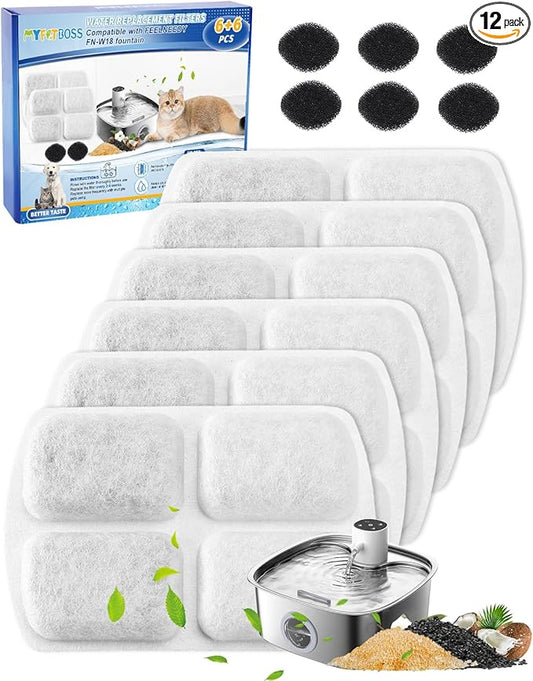6+6 Pack Filter Replacement Compatible with FEELNEEDY 8L Dog Water Fountain FN-W18, Pet Water Fountain Filters with Pump Filter Sponges, Cat Water Filter Replacement for Fresh Water