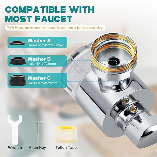 1080° Rotating Faucet Extender & Water Filter, 2-Spray Mode Aerator with Robotic Arm, Universal 3-Size Fit, Removes Chlorine & Impurities for Skin Care & Kitchen