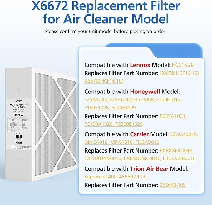 2 Pack X6672 16x25x5 MERV 16 Filter Compatible with Lennox X6672 and Lennox HCC16-28 Healthy Climate Carbon Clean MERV 16 Home Furnace Filter for HVAC System, Part Number HCF16-16, HCF16-10