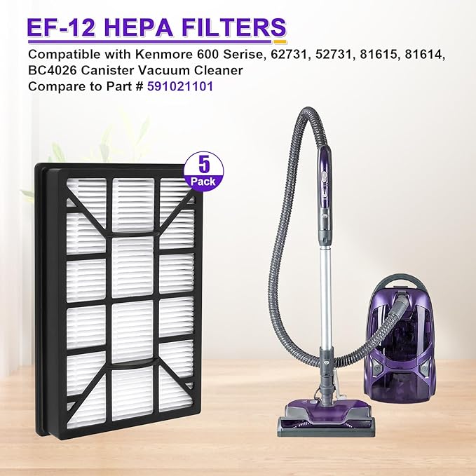 5 Pack EF-12 HEPA Filter Replacement for Kenmore 62731, 52731, 81615, 81614, BC4026 Canister Vacuum Cleaner, 600 Series Exhaust Filter for Kenmore canister vacuum filter, Compare To Part# 591021101