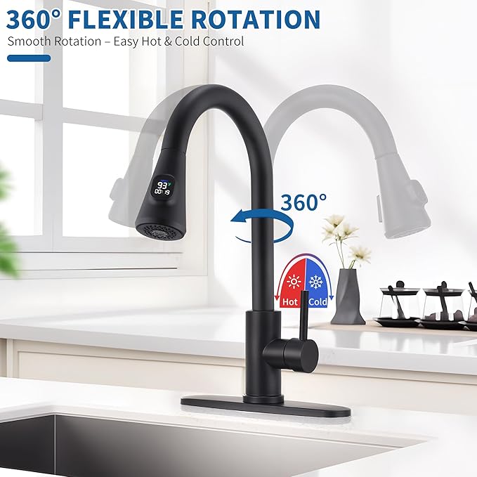 HOMELODY LED Temperature Display Black Kitchen Faucet with Pull Down Sprayer - Matte Black Single Handle Kitchen Sink Faucet, High Arc 304 Stainless Steel Design for RV Laundry Farmhouse Bar
