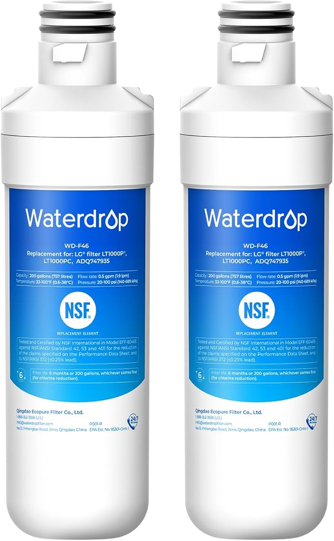 Waterdrop LT1000PC ADQ747935 MDJ64844601 Refrigerator Water Filter, Replacement for LG® LT1000P®, ADQ74793501, ADQ74793502, Kenmore 46-9980, 9980, Pack of 2