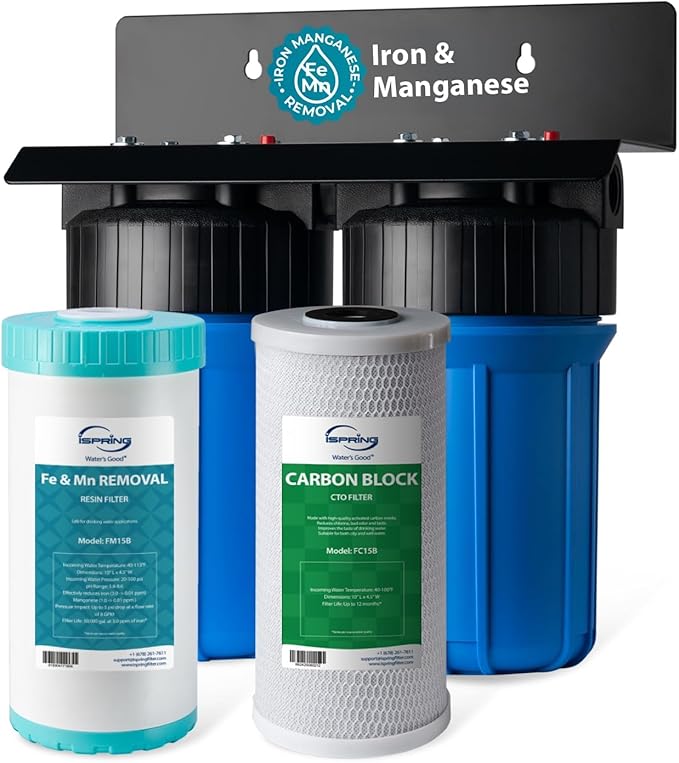iSpring WGB21BM 2-Stage Whole House Water Filtration System, 10” x 4.5” Carbon Block and Iron & Manganese Reducing Filters, 1" Ports