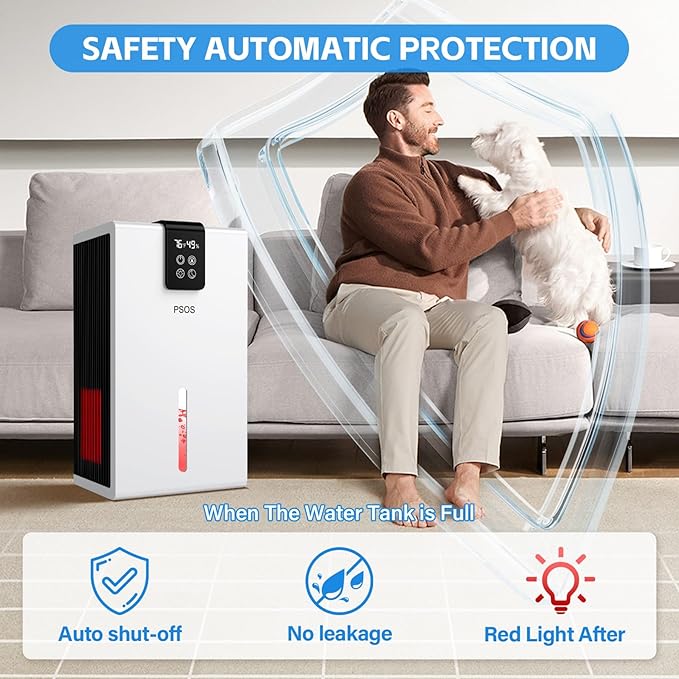 PSOS Dehumidifier, Dehumidifiers for Home, 98OZ Water Tank, (1000 sq.ft) Quiet Dehumidifier for Basement Bathroom Bedroom with Humidity Display, Relaxing 7 Color Ambient Light, Auto Shut Off(White)