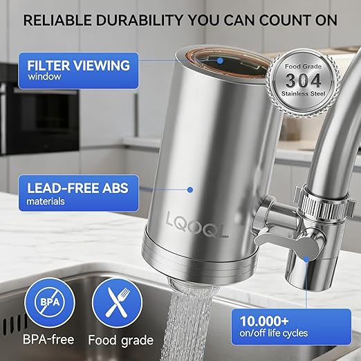Water Filter for Sink Faucet, 304 Stainless Steel Water Purifier for Kitchen Sink, Reduces PFAS, Lead, Chlorine & Microplastics, 350 Gallons Long-Lasting for Kitchen & Bathroom, 2 Filters