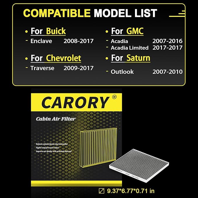 CARORY Cabin Air Filter w/Activated Carbon for 2008-2017 Buick Enclave, 2009-2017 Chevy Traverse, 2007-2016 GMC Acadia, 2017 GMC Acadia Limited, 2007-2010 Saturn Outlook, CF11663, 20958479