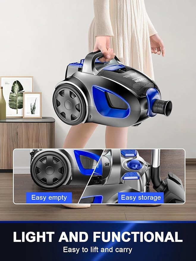 Canister Vacuum Cleaner, 40Kpa 1600W Cyclon Power Bagless Canister Vacuum Cleaners for Home, 3.7QT Large Dust Cup, Lightweight Vac for Hard Floors, Carpets, Pet Hair, Blue