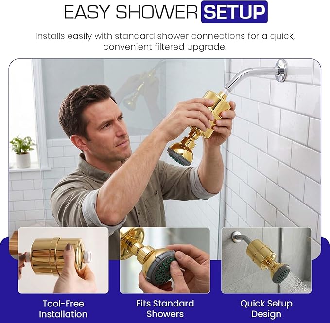 Crystal Quest Shower Filter with Head, Shower Head Filter for Hard Water, Shower Water Filter Removes Chlorine, chloramines & VOCs, Filter Shower Head, Improves Skin & Hair, Long-Lasting - Gold