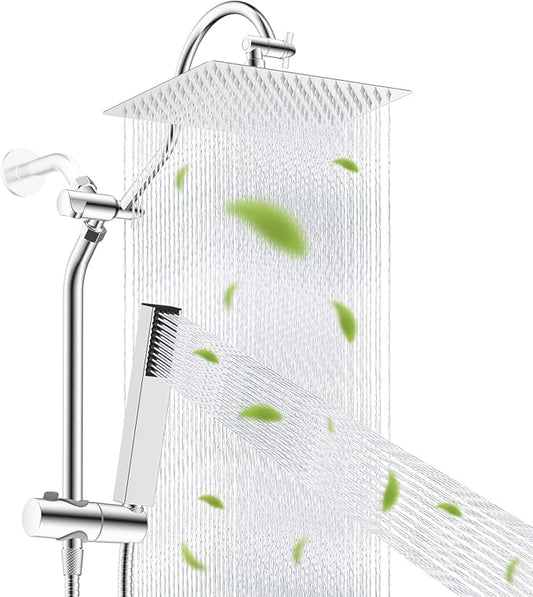 Hibbent cUPC Certified High Pressure 12'' Rainfall Shower Head, Showerhead Combo with 4-mode Handheld Spray, 12'' Adjustable Extension Arm, Extension Bar, Easy Reach Holder, 71'' Hose, Chrome