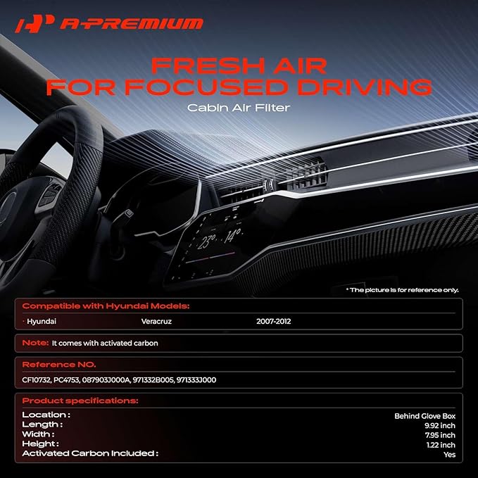 A-Premium Cabin Air Filter with Activated Carbon Compatible with Hyundai Veracruz 2007-2012, Replace# 971332B005, 971333J000