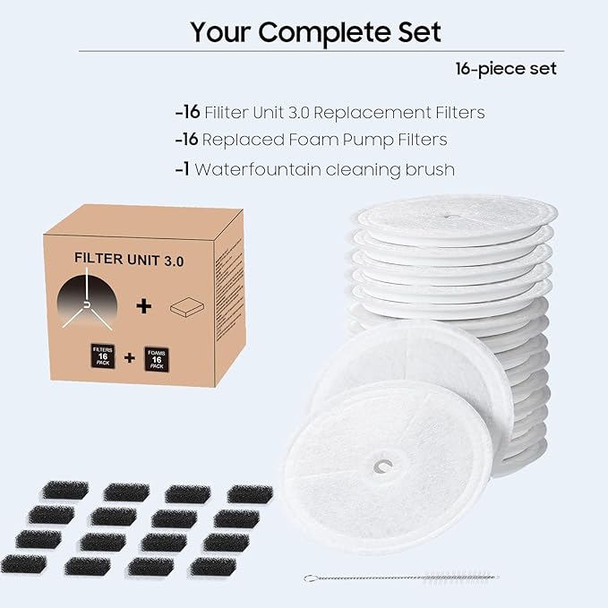 16 PCS Upgraded Filter Unit 3.0 Pet Cat Water Fountain Filters Fit For Solo 2/Solo SE, 3 Pro/2S/3, Including Replacement Filters and Replaced Foam Pump Filter (16 pcs)
