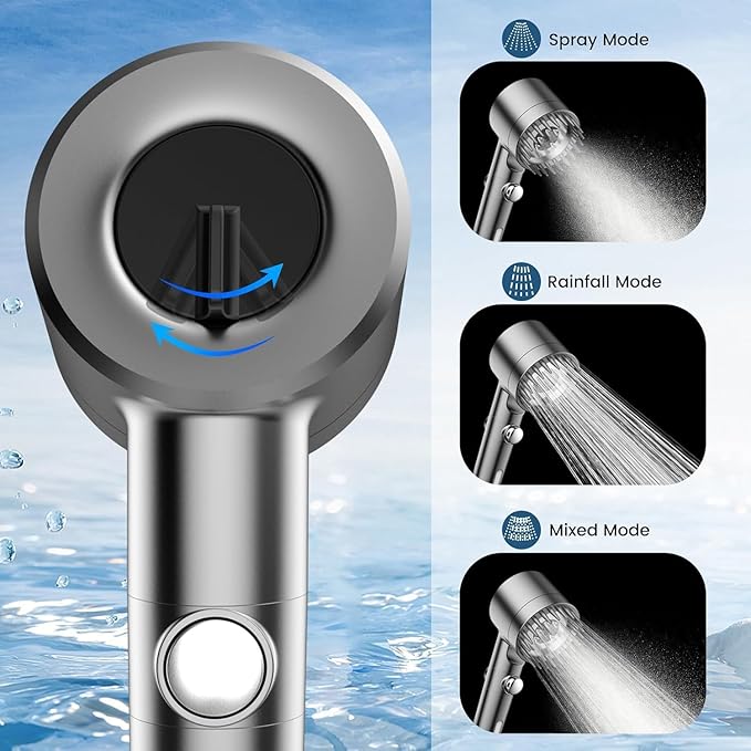 PWERAN Filtered Shower Head with Handheld, 3+1 Spray Modes High Pressure Shower Head with 2-PCS Filters for Hard Water Remove Chlorine, Detachable Showerhead with ON/OFF Switch for Pet Bath (Gray)