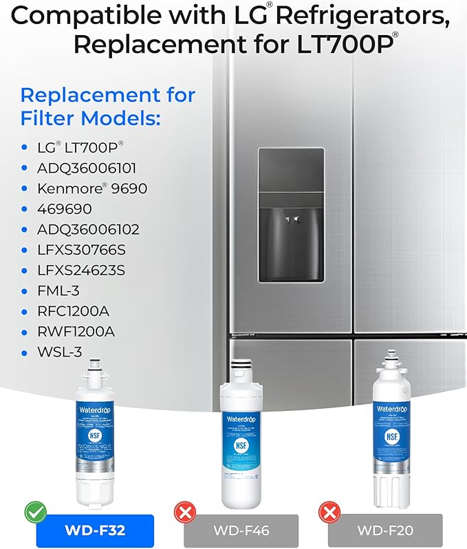 Waterdrop ADQ36006101 Replacement for LG® LT700P® Refrigerator Water Filter, Kenmore® 9690, 469690, ADQ36006102, LFXS30766S, LFXS24623S, FML-3, RFC1200A, RWF1200A, WSL-3, 3 Filters