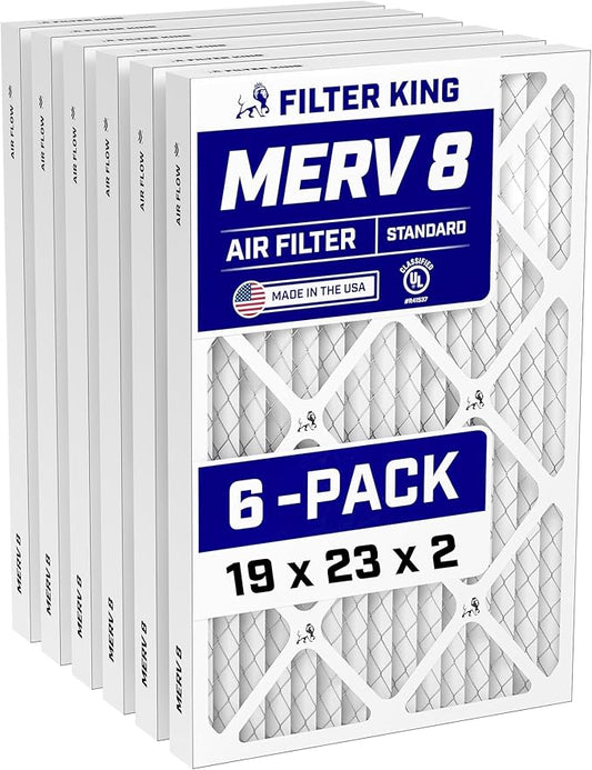 Filter King 19x23x2 Air Filter (MERV 8) (6-Pack) Dust & Allergy Control AC Furnace Filters, MADE IN USA, HVAC, Pleated, Electrostatic (Actual Size: 19 x 23 x 1.75)
