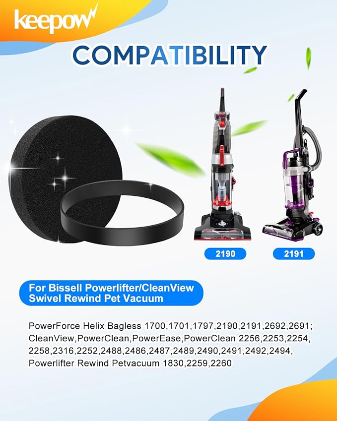 KEEPOW Vacuum Belt and Filter Compatible with Bissell Powerlifter/CleanView Swivel Rewind Pet Vacuum Models 2191,2190,1700,1701,1797,2492,2252,2253,2254,2256,2258,2691,2692, 2+1 Pack