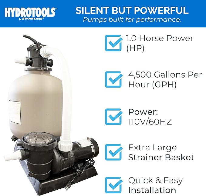 SWIMLINE Sand Filter Pump for Above Ground Pool - 19'', 1 HP, 4500 GPH Pump flow rate 7 way Multi port valve, Easy Installation