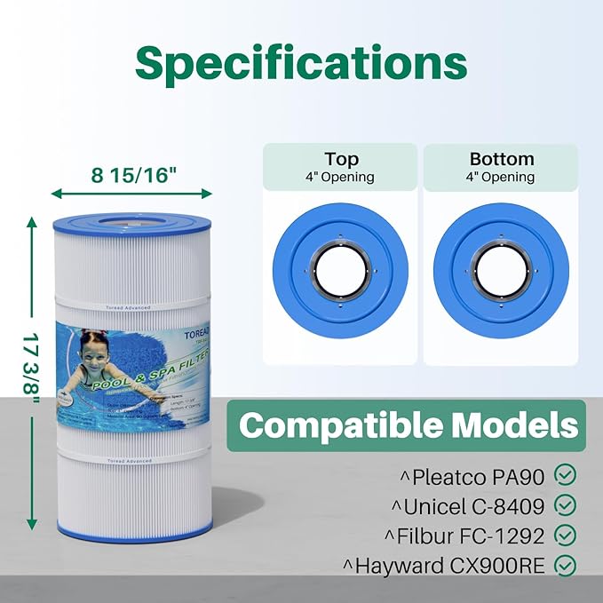 TOREAD Replacement for Pool Filter Pleatco PA90, CX900RE, C900, Unicel C-8409, Filbur FC-1292, Posi-Clear Sta-Rite PXC95, Clearwater II ProClean 100, Aladdin 19002, 25230-0095S, 2 Pack