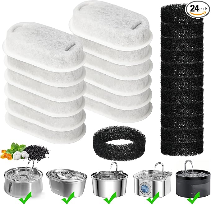 Cat Water Fountain Filter, 24-Pack Filters Replacement for 67oz/2L & 108oz/3.2L Stainless Steel Cat Water Fountain, 4-Layer Filtration Pet Filter (12 Filters & 12 Sponges)