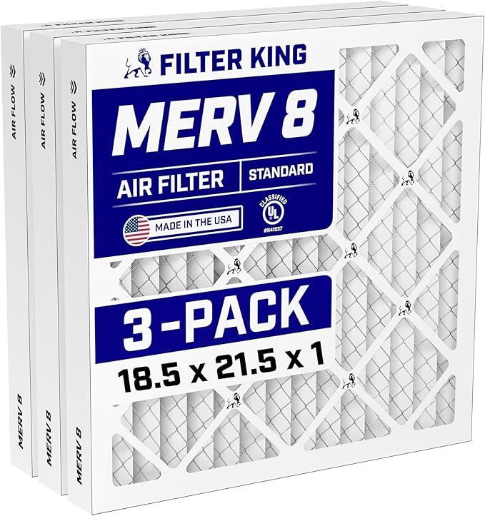 Filter King 18.5x21.5x1 Air Filter (MERV 8) (3-Pack) Dust & Allergy Control AC Furnace Filters, MADE IN USA, HVAC, Pleated, Electrostatic (Actual Size: 18.5 x 21.5 x .75)