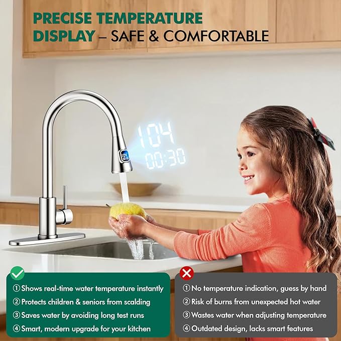 HOMELODY Upgraded Filter Water Kitchen Faucet with Pull Down Sprayer - LED Temperature Display Kitchen Faucets 1 Or 3 Hole Kitchen Sink Faucet for Remove Lead, Chlorine, Bad Taste & Odor