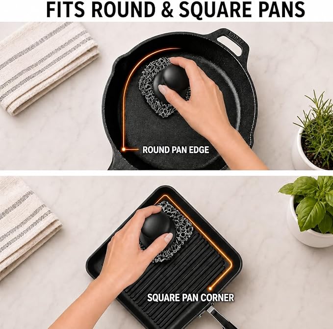 Cast Iron Scrubber and Scraper | 316 Chainmail Scrubber for Cast Iron Pan Skillet Cleaner | Chain Mail Scrubber for Dishes Pots Wok Griddle Grill | Dish Scouring Pad Dishwasher Safe, Black 01