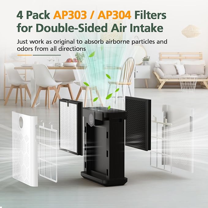 AP303 AP304 Replacement Filters, Compatible with DAYETTE AP303/ AP304/ AP305/ AP308/ AP405 Air Purifier, and for FRESHDEW AP303/ 304 Purifier, HEPA Filter with 3 Stage Filtration, 4 Pack (White)