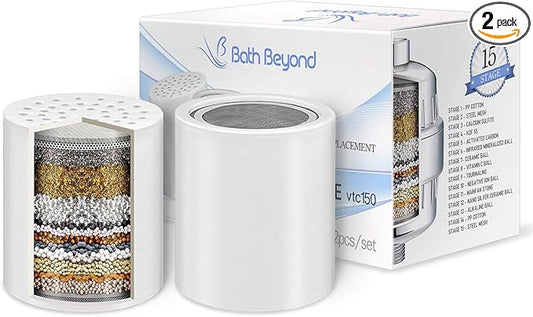 15-Stage Shower Filter Replacement Cartridge (Pack of 2) Shower Filter w/Vitamin C for Hard Water - Shower Water Filter Removes Chlorine Fluoride/Improves Condition of Your Skin, Hair