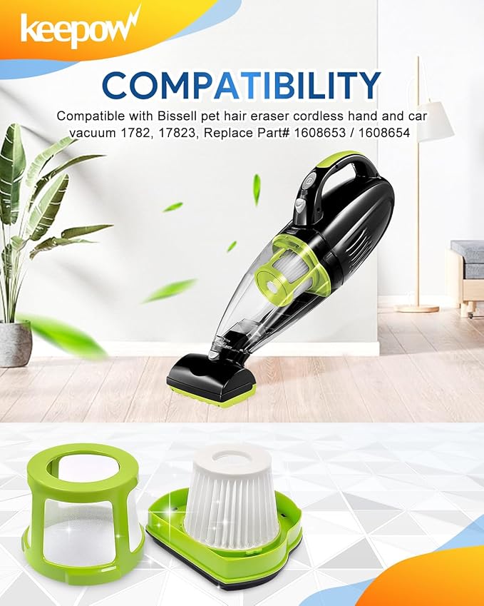 KEEPOW Replacement Filters Compatible with Bissell Pet Hair Eraser Hand Vacuum Cleaner Models 1782 17823, Part 160-8653 160-8654 1608653 1608654, 1 Pack