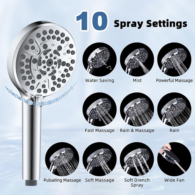 All Metal Rain Shower Head, 8” High Pressure Rainfall Shower Head with Handheld Showerhead, 5" Large Panel Handheld Spray Powerful Clean 10 Modes, 16" Stainless Steel Adjustable Extension Arm, Chrome
