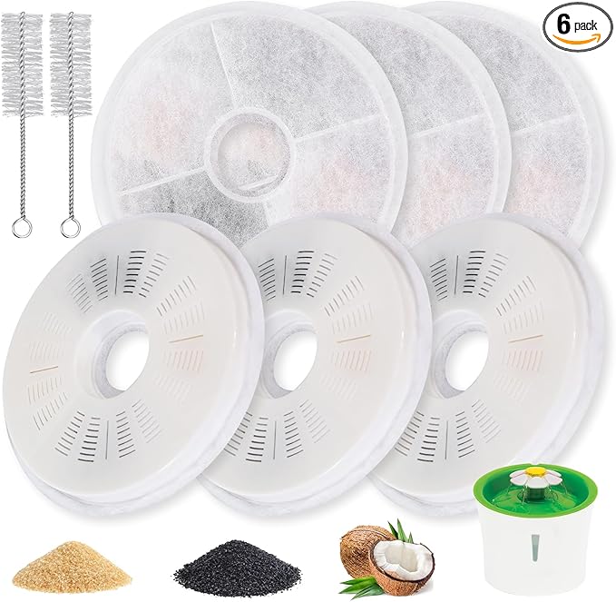 6-Pack Cat Water Fountain Filter Replacement Compatible with Catit 3L–Triple Filtration with Activated Carbon & Ion Exchange Resin for Soft Water Urinary Health Support