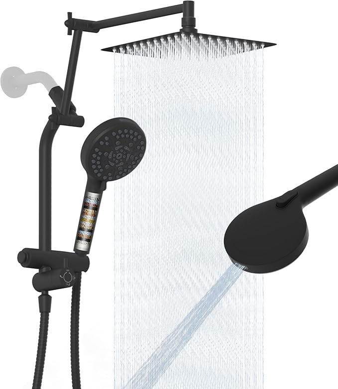 Metal Black 10" High-Pressure Rain Shower Head with Handheld - 10-Spray Power Wash with Filter Element, Easy Reach 4-Way Diverter with Pause Mode, Adjustable 16" Extension Arm/Holder/ 71" Hose