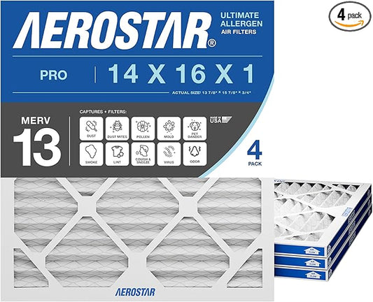 Aerostar 14x16x1 MERV 13 Pleated Air Filter, 4 Pack, AC Furnace Filters, HVAC Filter, Air Conditioner Filters, Heater Filters Replacement for Home (Actual Size: 13.875x15.875x0.75)