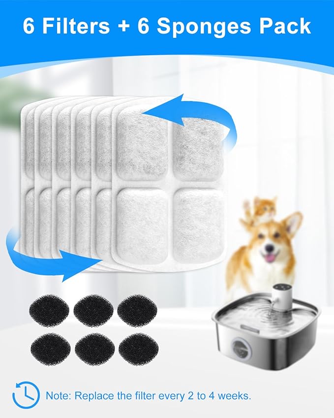 6+6 Pack Filter Replacement Compatible with FEELNEEDY 8L Dog Water Fountain FN-W18, Pet Water Fountain Filters with Pump Filter Sponges, Cat Water Filter Replacement for Fresh Water