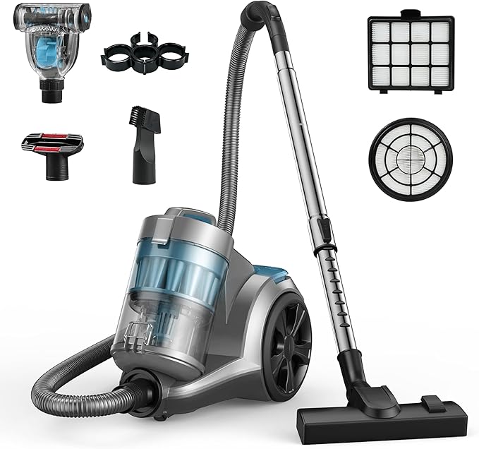 Aspiron 1700W Canister Vacuum Cleaner, 45Kpa Bagless Vacuum Cleaner, Multi-Cyclonic Filtration, 2 Anti-Allergen HEPA Filters, 3.5QT Dust Cup, 4 Tools, No Hair Tangles for Hard Floor, Pet Hair, Teal