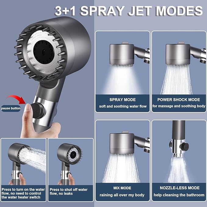 Filtered Shower Head with Handheld High Pressure 4Spray Mode Showerhead High Power Shower Head and Hose Set with 3FiltersWater for 4 Spray Modes & Pause Switch Gray