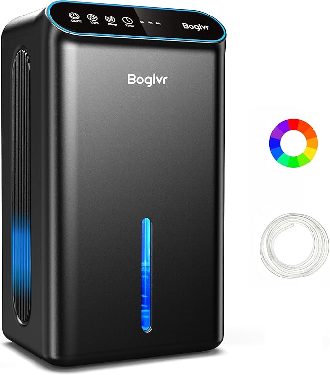 Dehumidifier for Home up to 1000 sq.ft, 98oz Small Quiet Dehumidifier with Drain Hose, 3 Timer Modes, Auto Shut Off, Aromatherapy & 7 Color Light for Bedroom, Bathroom, Basement (Sliver White)