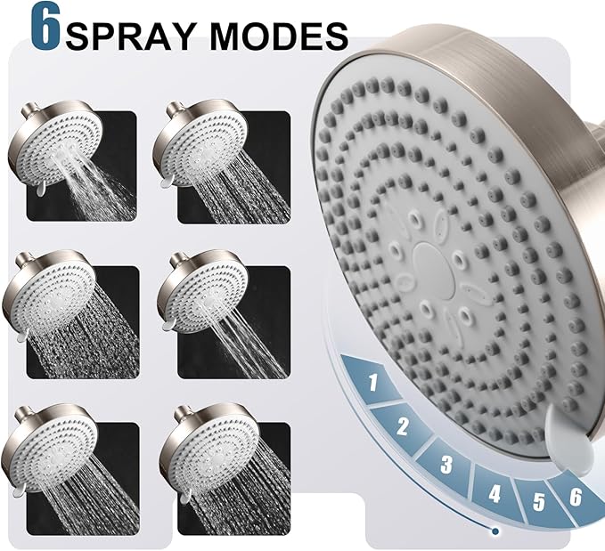 OFFO Shower Head, High Pressure Shower Head with 6 Mode, Fixed Showerheads for Strong Water Flow & Relaxing Shower Experience, Brushed Nickel