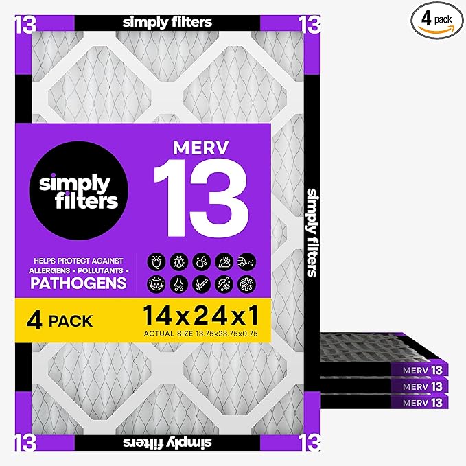 Simply 14x24x1 Air Filter, Merv 13, 4 Pack, For Home AC Furnace & HVAC (Actual Size: 13.75"x23.75"x0.75") DUST, Pet, & Allergy Control
