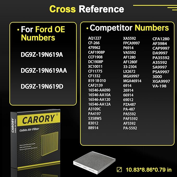 CARORY Cabin Air Filter w/Activated Carbon for Ford Edge 2015–2024, Fusion 2013–2020, Lincoln Continental 2017–2021, MKX 2016–2018, MKZ 2013–2020, Nautilus 2019–2026 and More