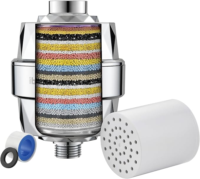 Ibergrif 20-Stage Shower Filter with Hard Water Softening + Chlorine Removal (6-Month Cartridge, Universal Fit), High Output Shower Head Filter Improves Skin & Hair, Reduces Dry Itchy Skin & Dandruff