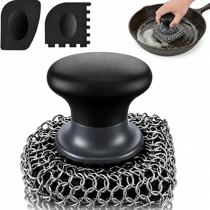 Cast Iron Scrubber and Scraper | 316 Chainmail Scrubber for Cast Iron Pan Skillet Cleaner | Chain Mail Scrubber for Dishes Pots Wok Griddle Grill | Dish Scouring Pad Dishwasher Safe, Black 02