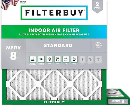 Filterbuy 15x15x1 Air Filter MERV 8 Essential Dust & Allergy Defense (2-Pack), Electrostatic Pleated HVAC AC Furnace Filters Replacement, Made in USA (Actual Size: 15.00 x 15.00 x 0.75)