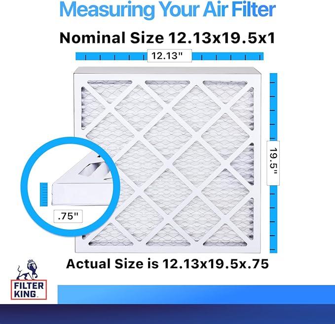 Filter King 12.13x19.5x1 Air Filter (MERV 8) (3-Pack) Dust & Allergy Control AC Furnace Filters, MADE IN USA, HVAC, Pleated, Electrostatic (Actual Size: 12.13 x 19.5 x .75)