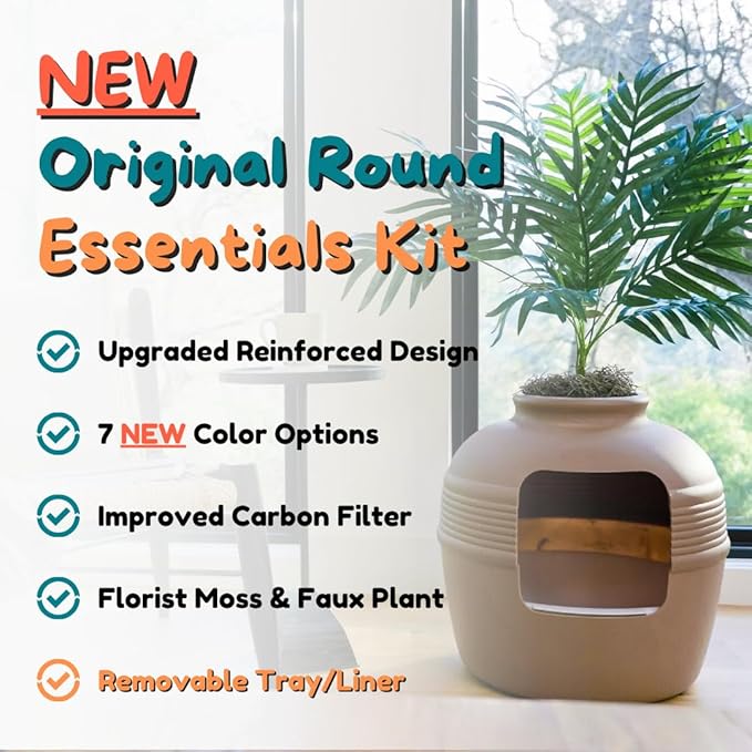 Good Pet Stuff Hidden Litter Box Planter, Decorative Cat Litter Enclosure with Carbon Filter & Faux Plant, Made in USA, Removable Liner, Odor Control, NEW Round Style, Essentials Kit, Chestnut Brown